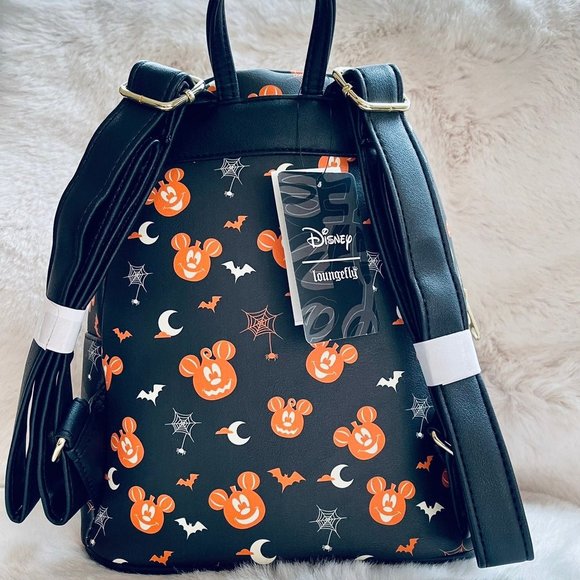 NWT Loungefly Disney Mickey Mouse Face Pumpkin AOP Halloween Bat Spider Web Moon - Picture 3 of 5